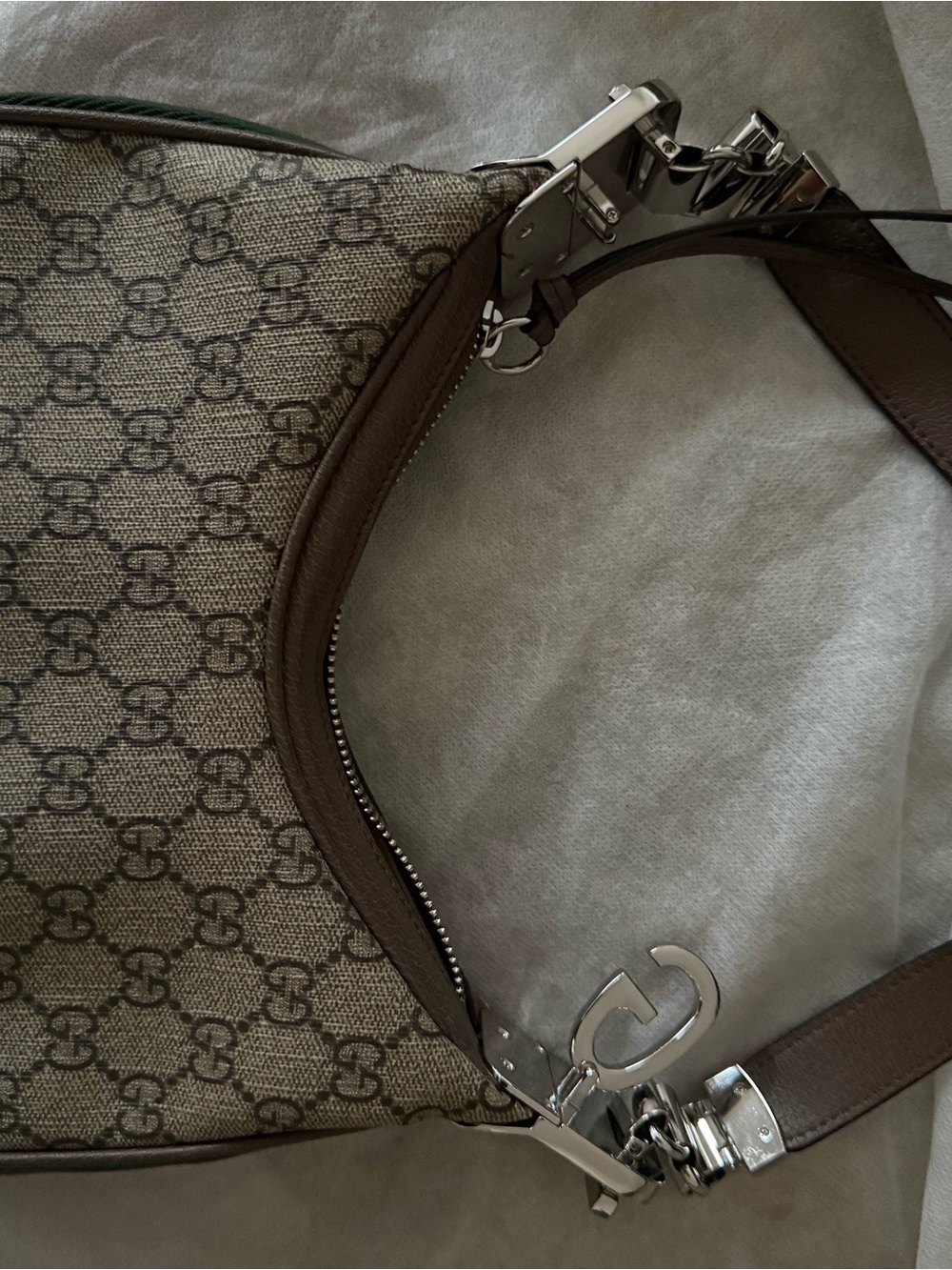 Gucci Beige GG Canvas Hobo with Brown Leather Trim and Silver Hardware
